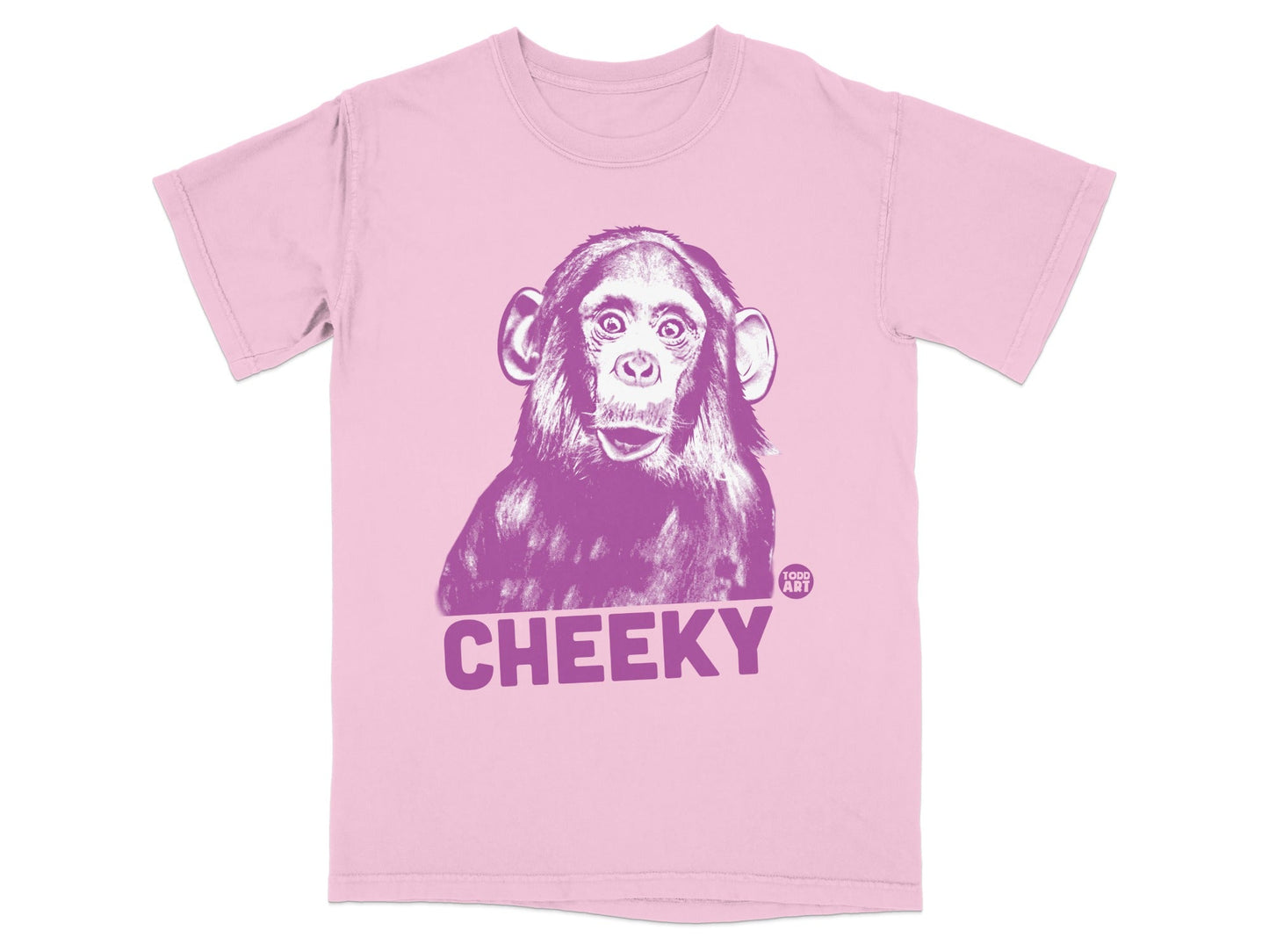 Pink t-shirt with purple chimpanzee graphic and "CHEEKY" text.