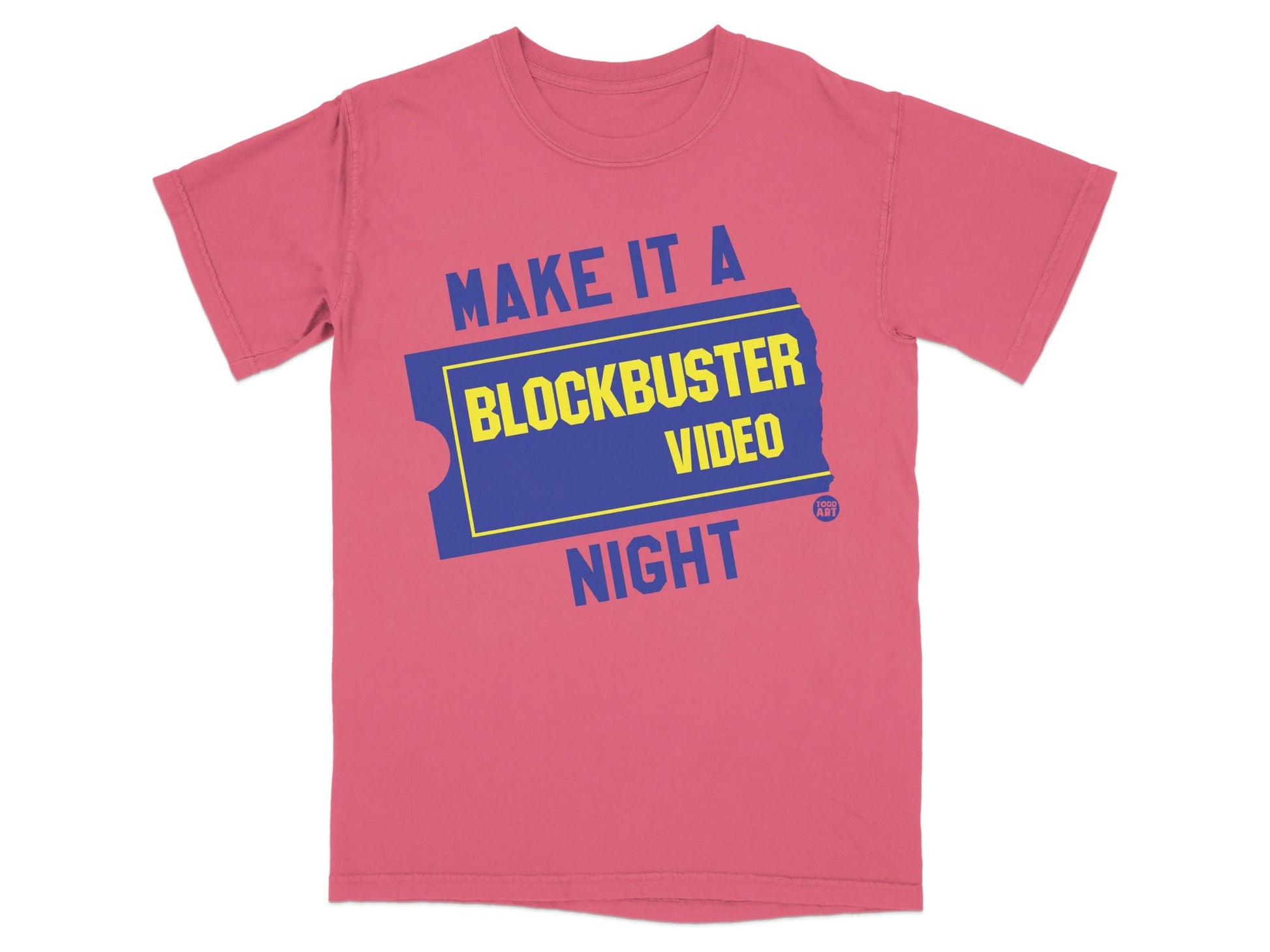 Pink t-shirt with "Make it a Blockbuster Video Night" text and logo.