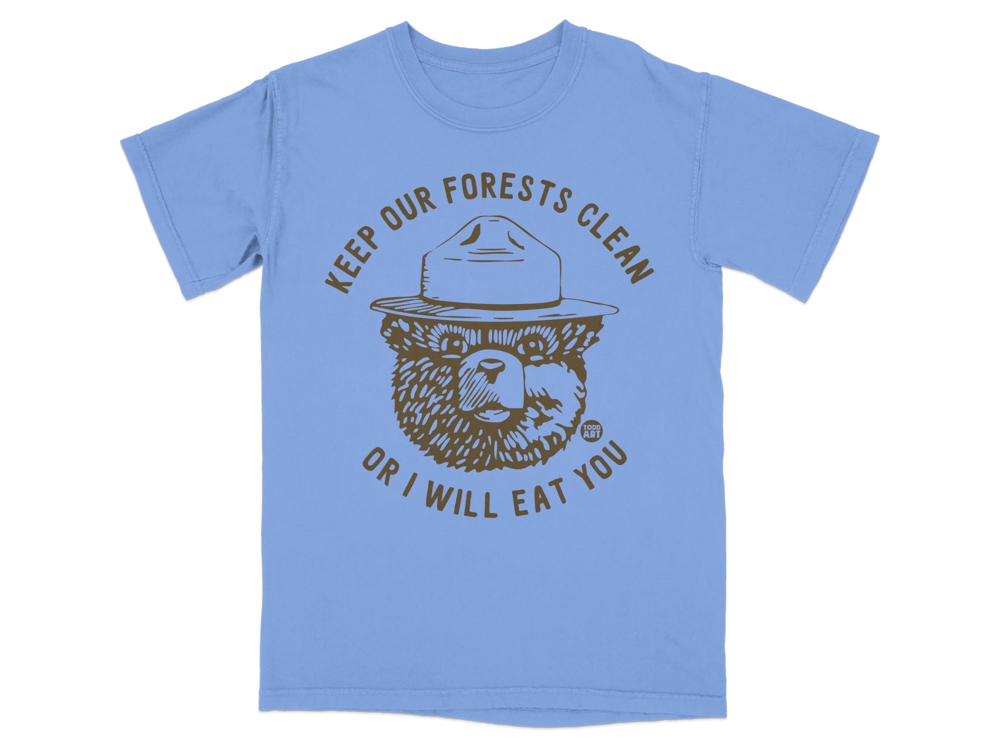 Blue t-shirt with Smokey Bear graphic and the text "KEEP OUR FORESTS CLEAN OR I WILL EAT YOU".
