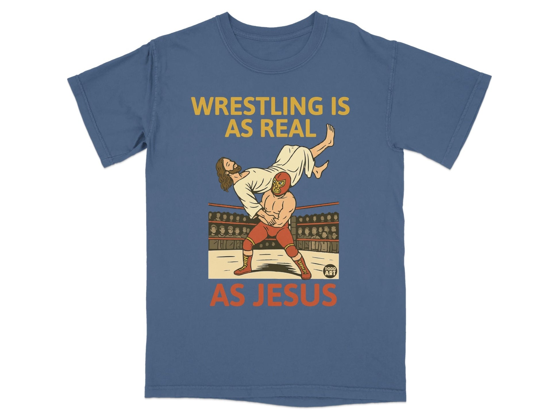 T-shirt with a wrestling match between Jesus and a wrestler.