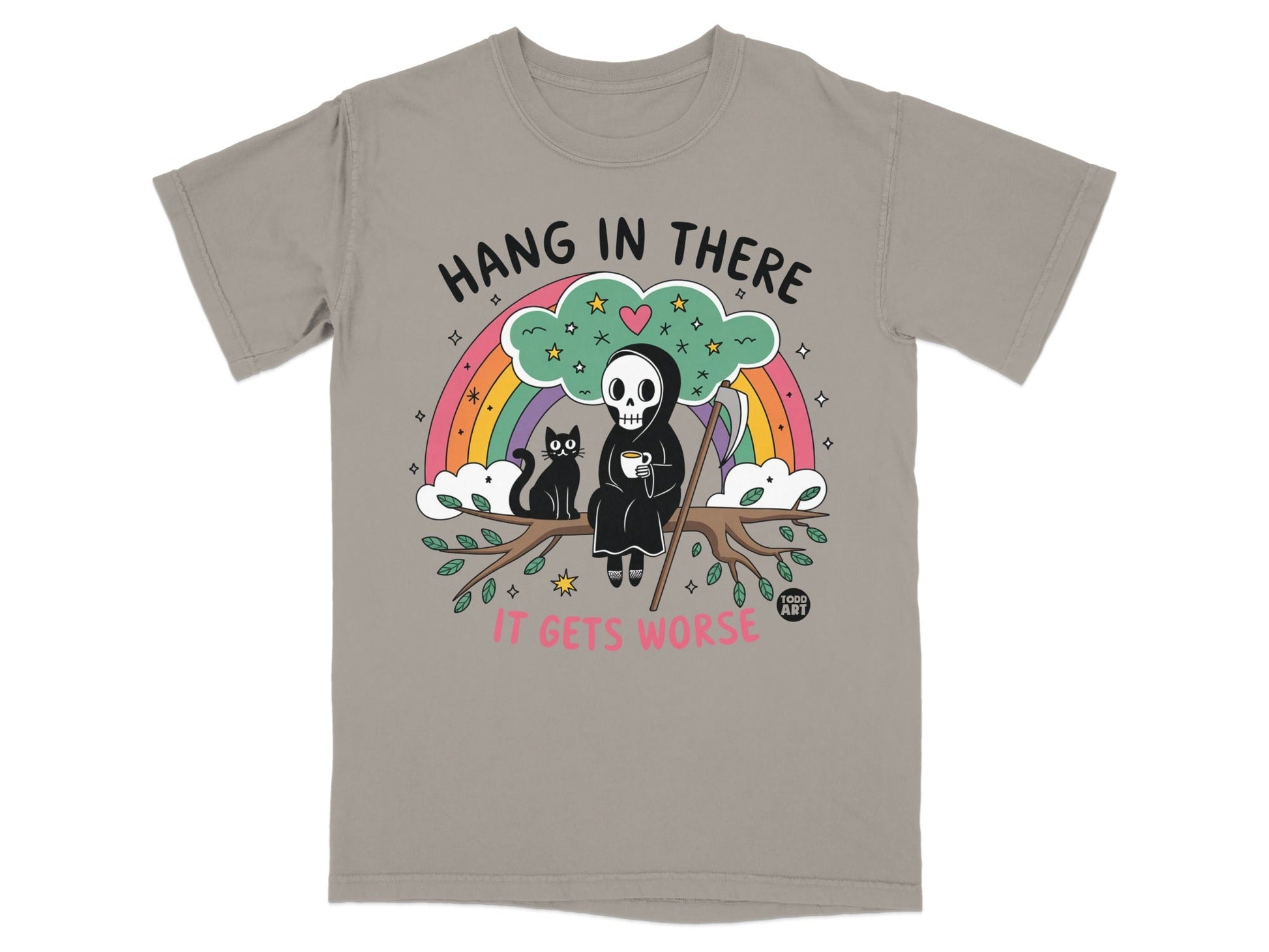Grim reaper with coffee mug and black cat sit on branch under rainbow.