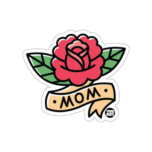 Vibrant Rose Mom Sticker with Green Leaves Design