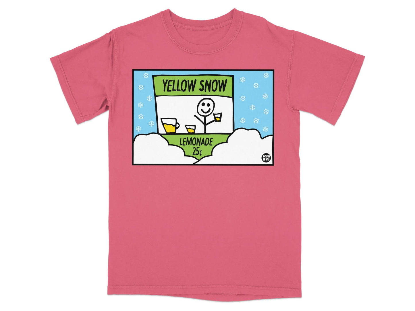 T-shirt with cartoon of snowman selling lemonade for 25 cents.