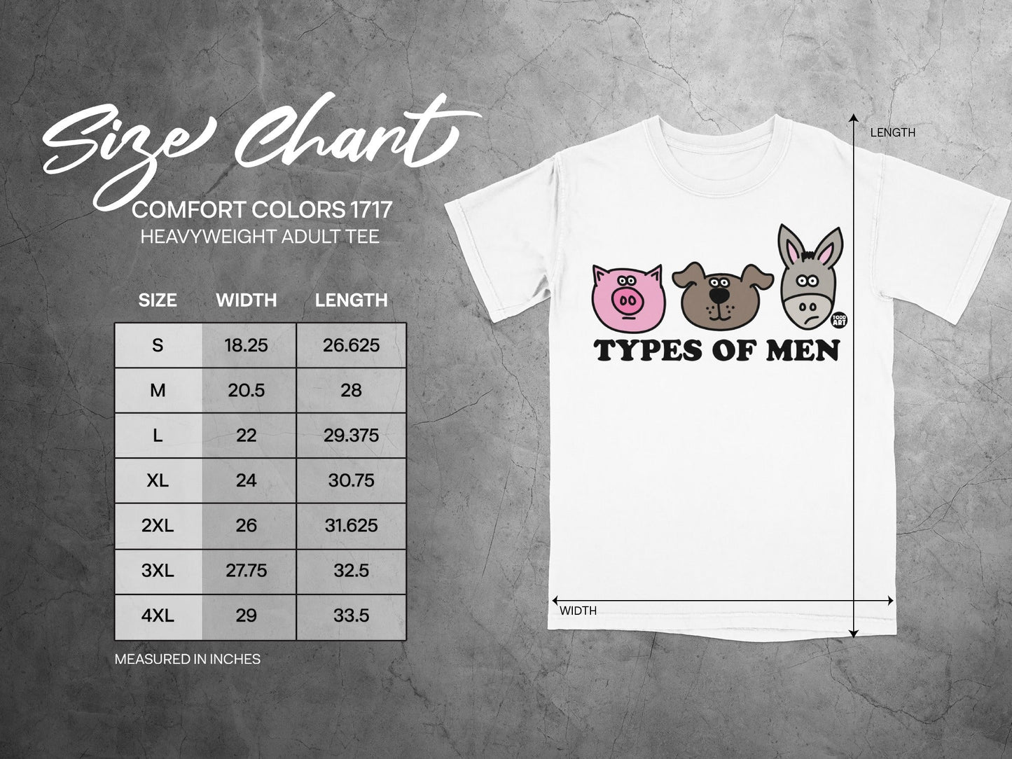 Size chart for Comfort Colors 1717 heavyweight adult tee showing measurements.