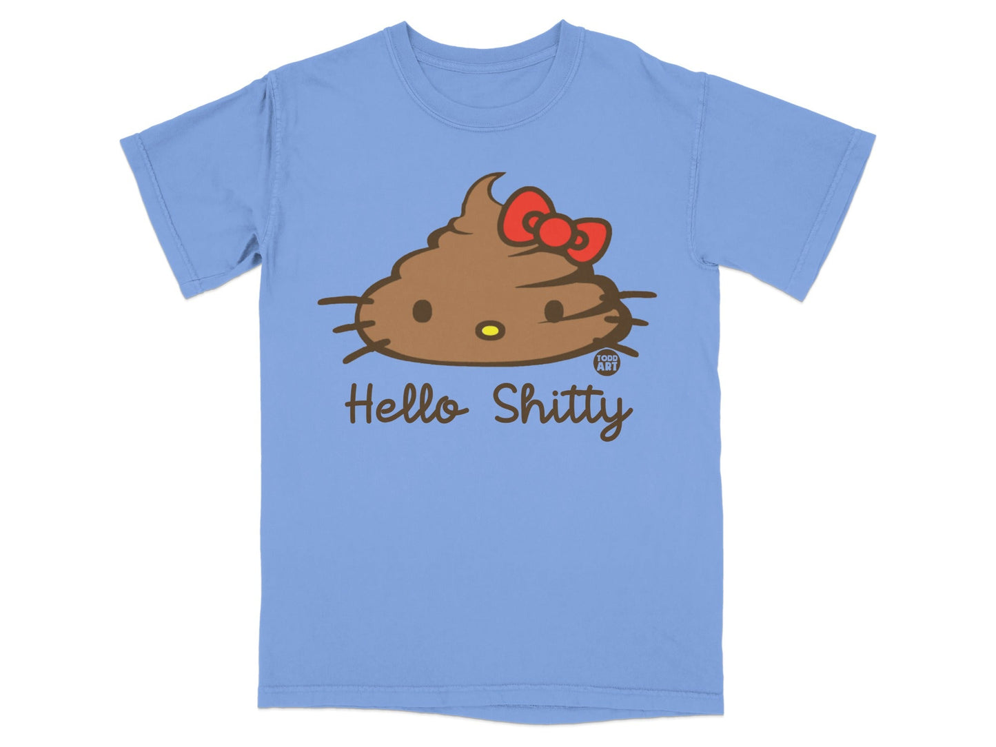 Blue t-shirt with brown poop graphic and "Hello Shitty" text.