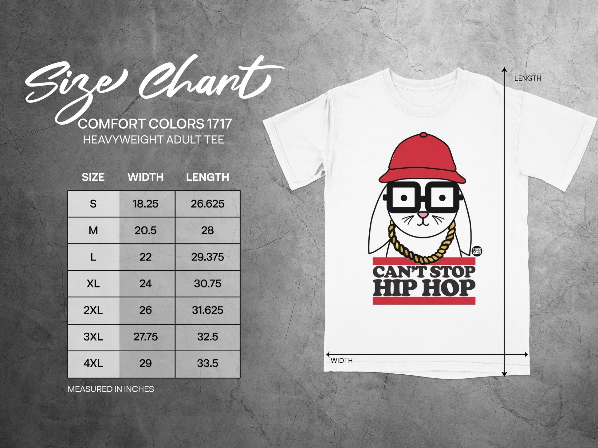 Comfort Colors 1717 size chart for heavyweight adult tee, with sizing measurements.