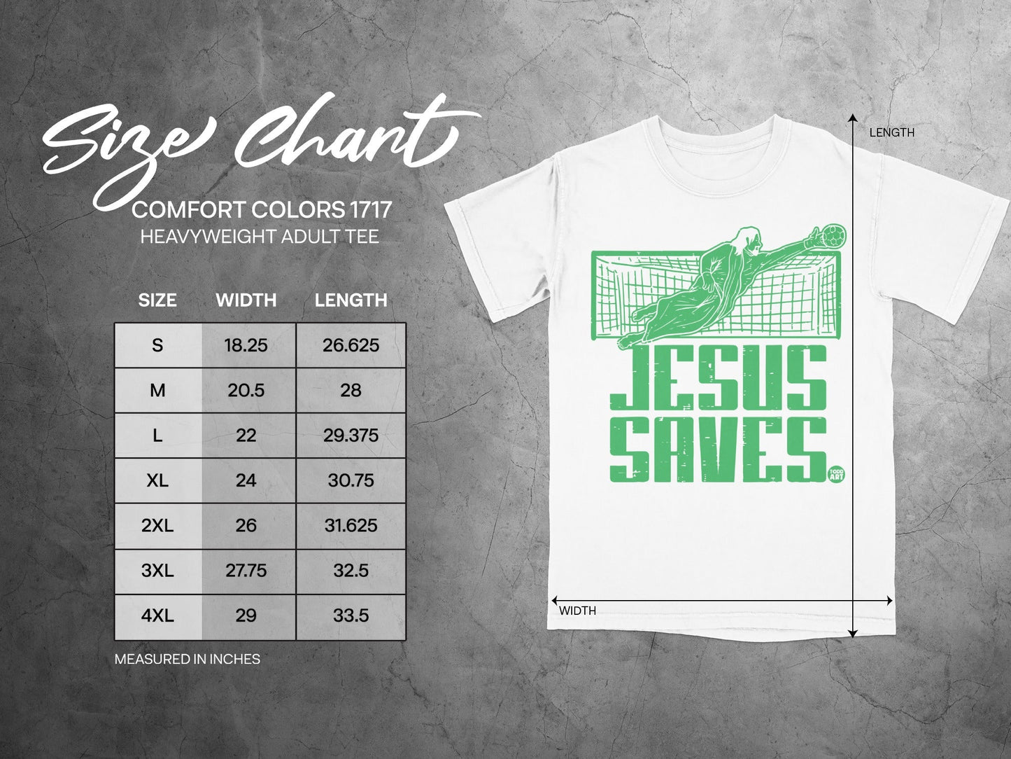 Comfort Colors 1717 size chart for heavyweight adult tee, with "JESUS SAVES" graphic.