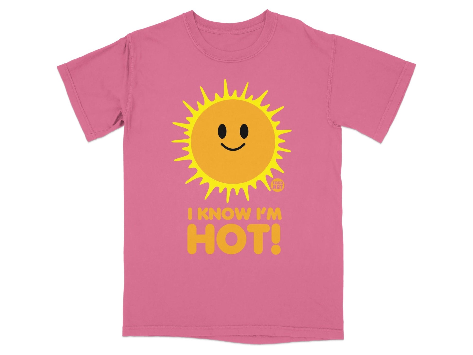 Pink t-shirt with a smiling sun graphic and text "I KNOW I'M HOT!".