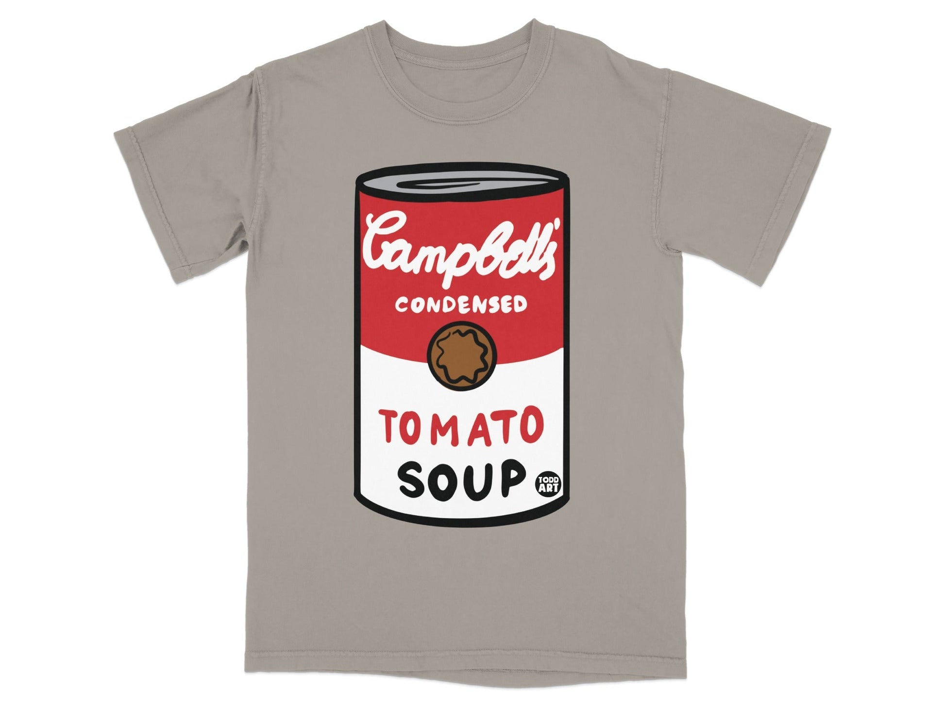 Grey t-shirt featuring Campbell's Condensed Tomato Soup can graphic.