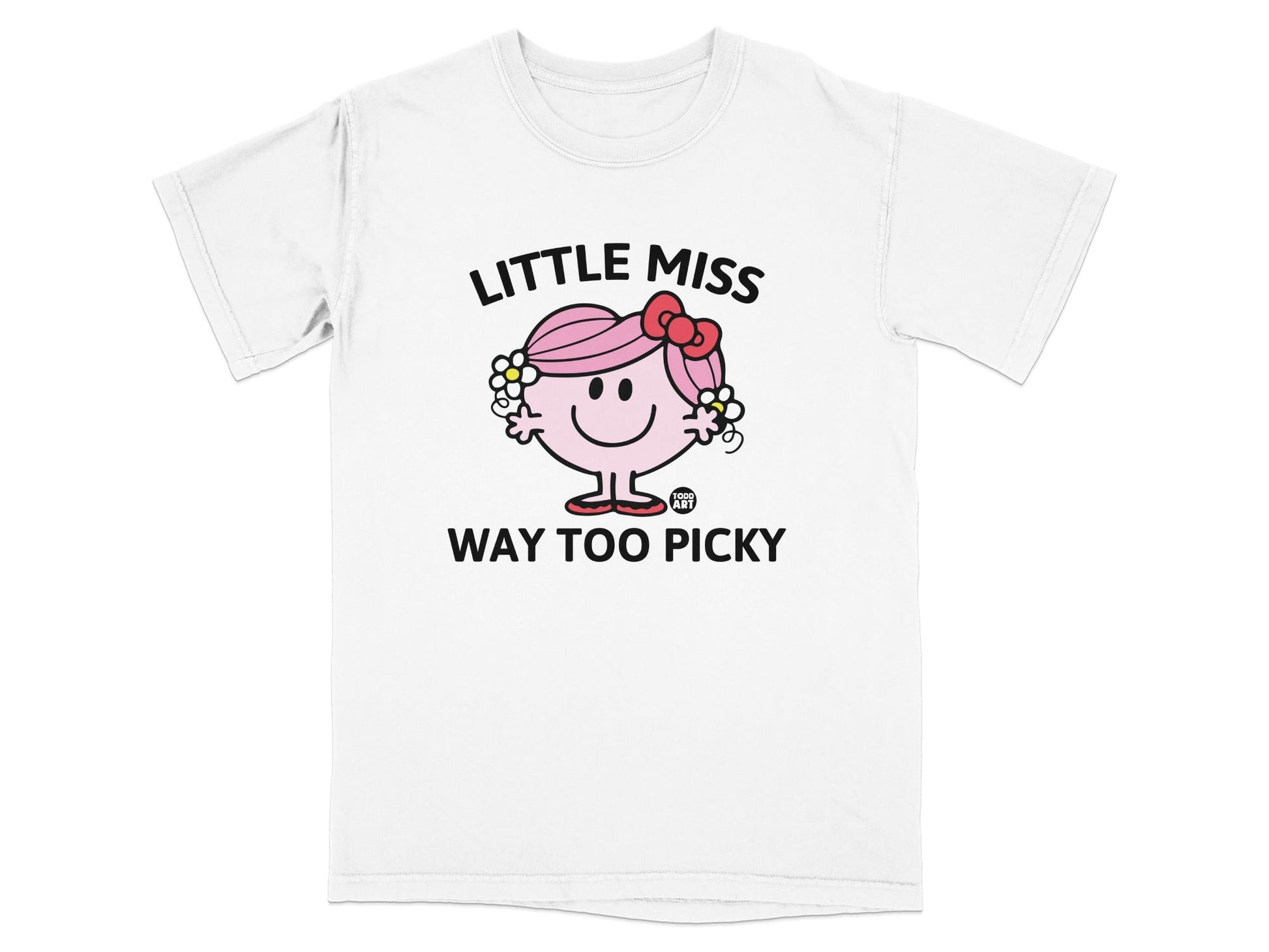 Little Miss Too Picky graphic tee with a cartoon girl and text.