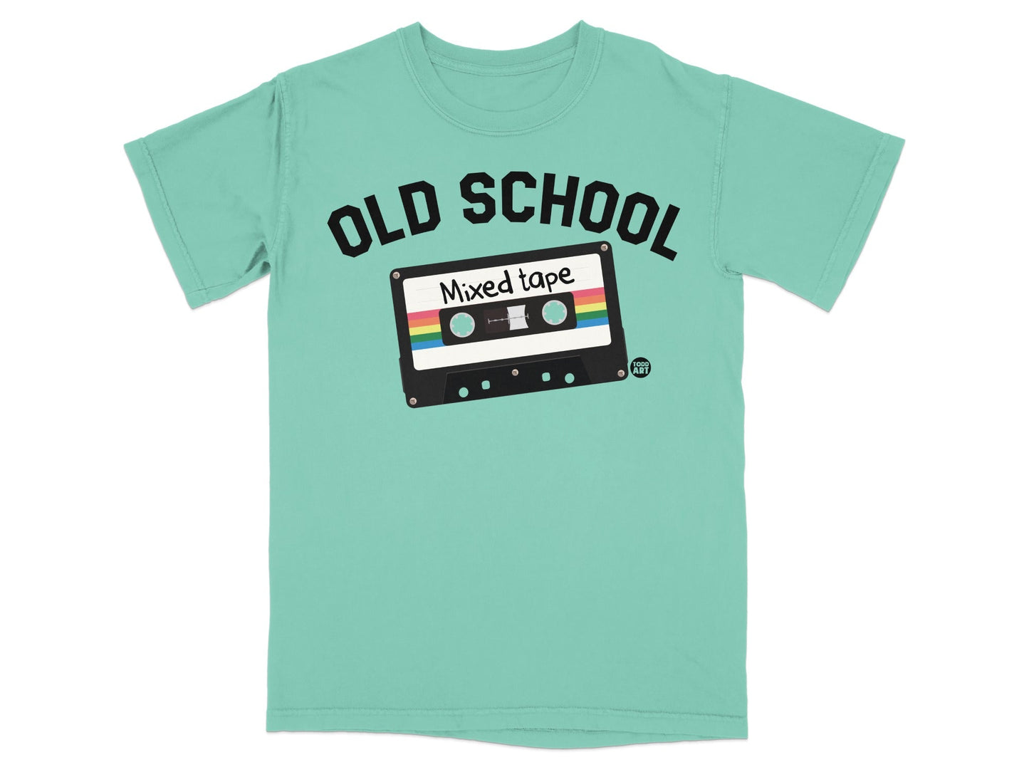 Mint green t-shirt with "OLD SCHOOL Mixed tape" and cassette tape graphic.