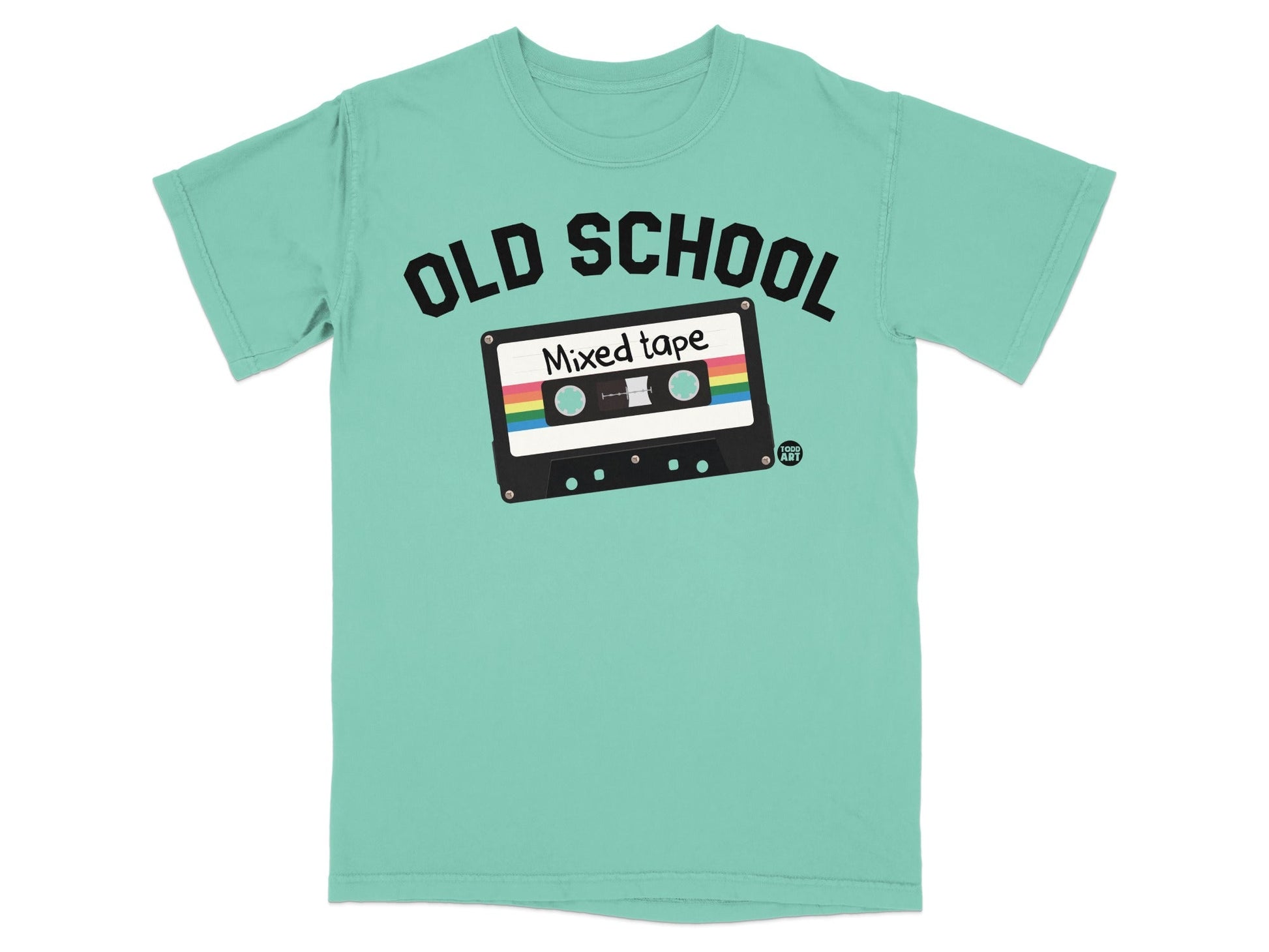 Mint green t-shirt with "OLD SCHOOL Mixed tape" and cassette tape graphic.