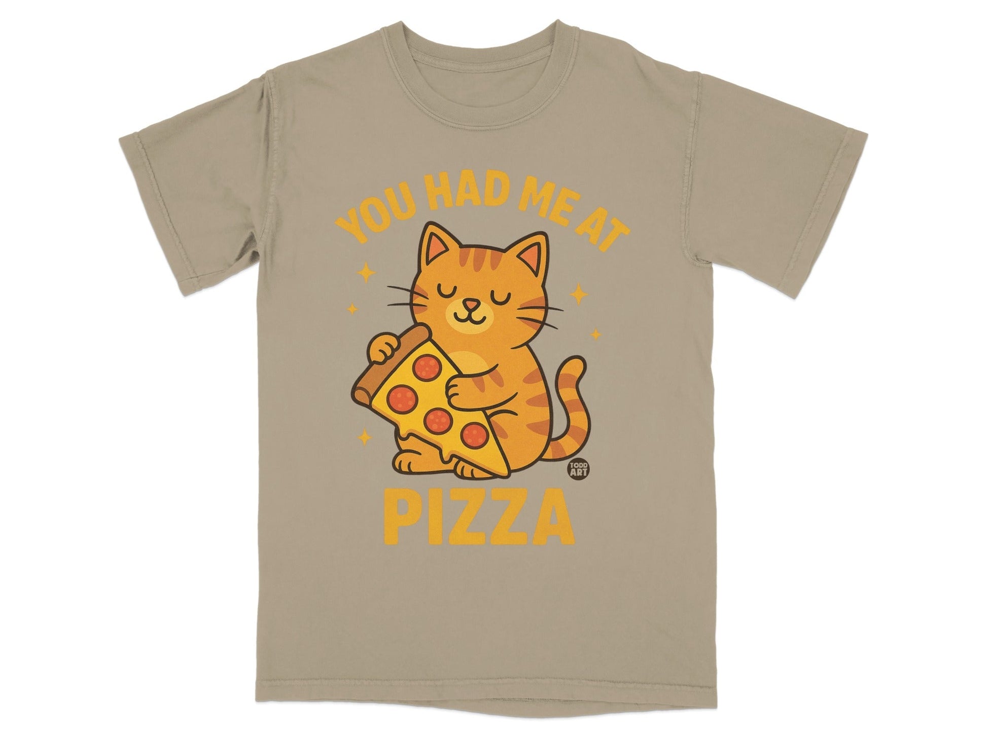 T-shirt with orange cat holding a slice of pizza, text "You Had Me At Pizza".