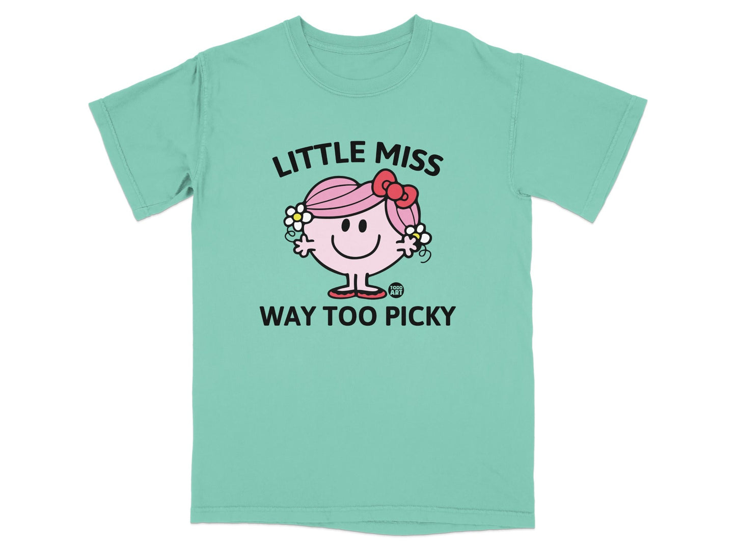 Little Miss Way Too Picky graphic t-shirt with pink bow and flower details.