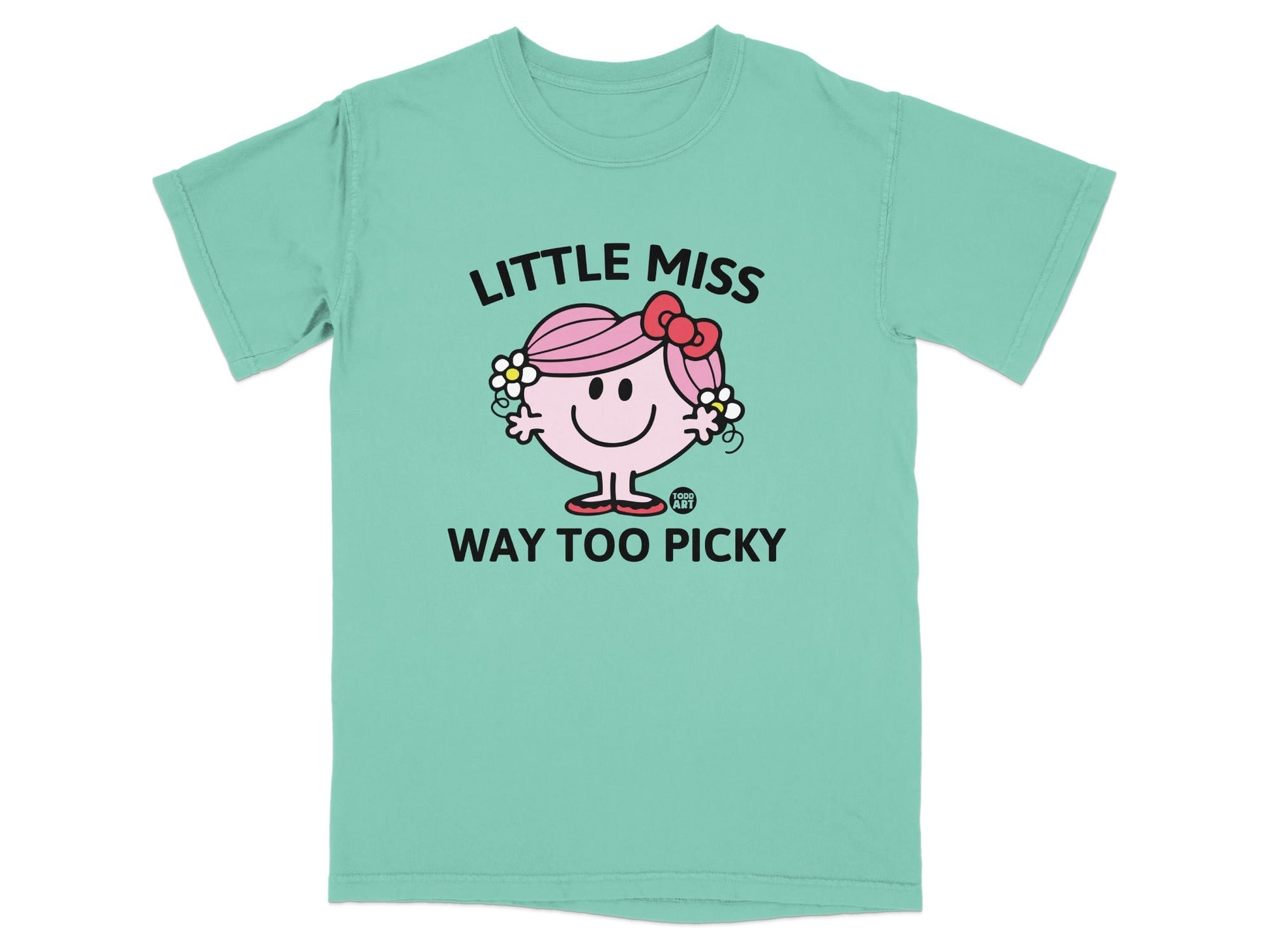 Little Miss Way Too Picky graphic t-shirt with pink bow and flower details.