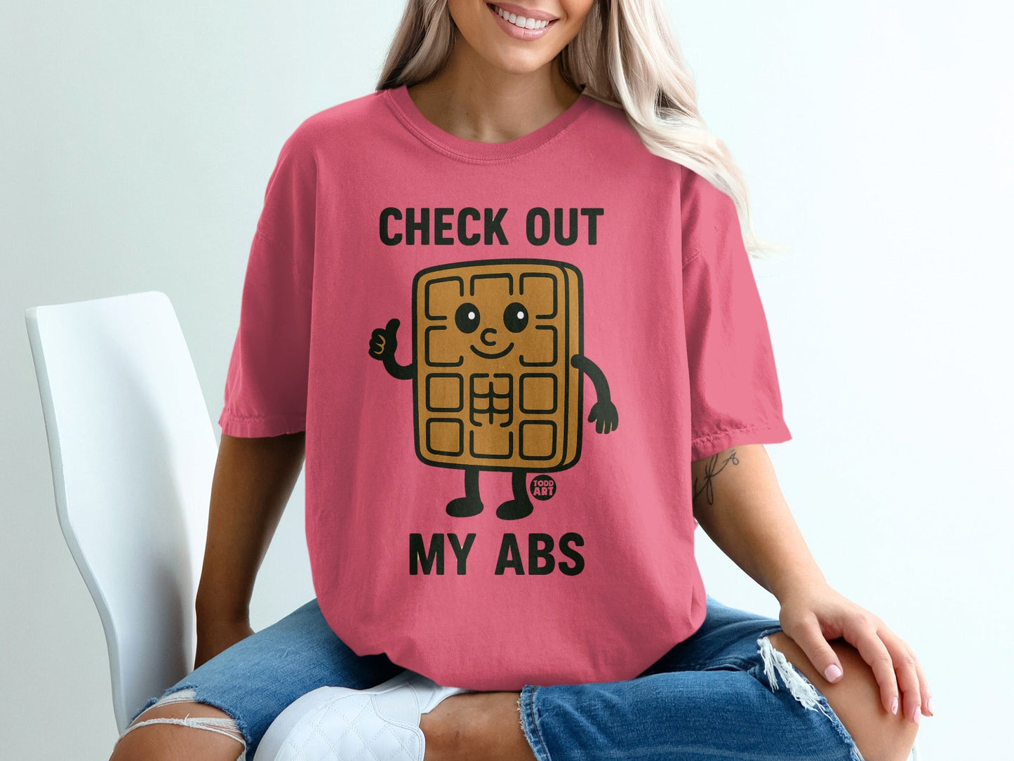 Check Out My Abs Waffle Cartoon Fun Graphic T-shirt