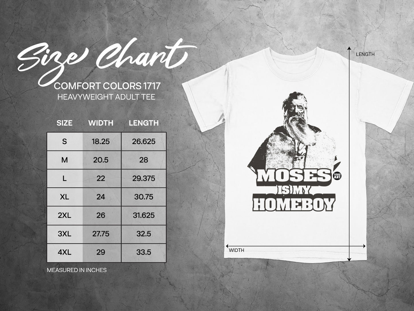 Comfort Colors 1717 size chart with t-shirt graphic of Moses.