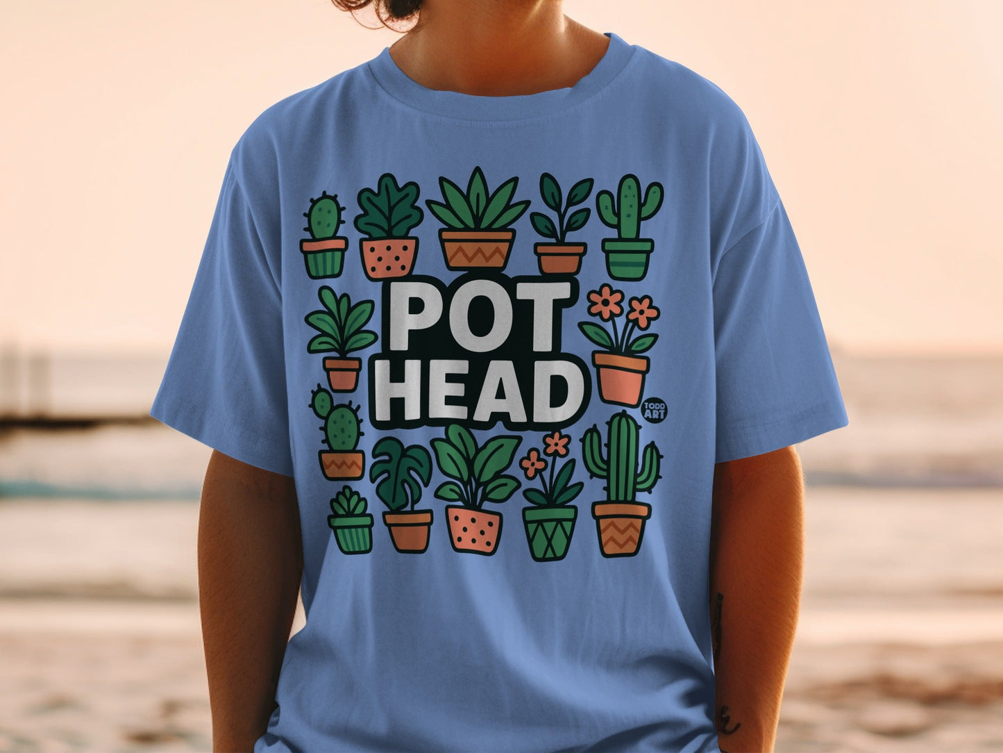 Light blue t-shirt with "POT HEAD" and potted plants graphic.