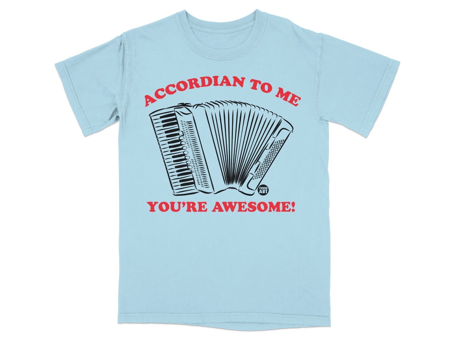Light blue t-shirt with accordion graphic and text "ACCORDIAN TO ME YOU'RE AWESOME!".
