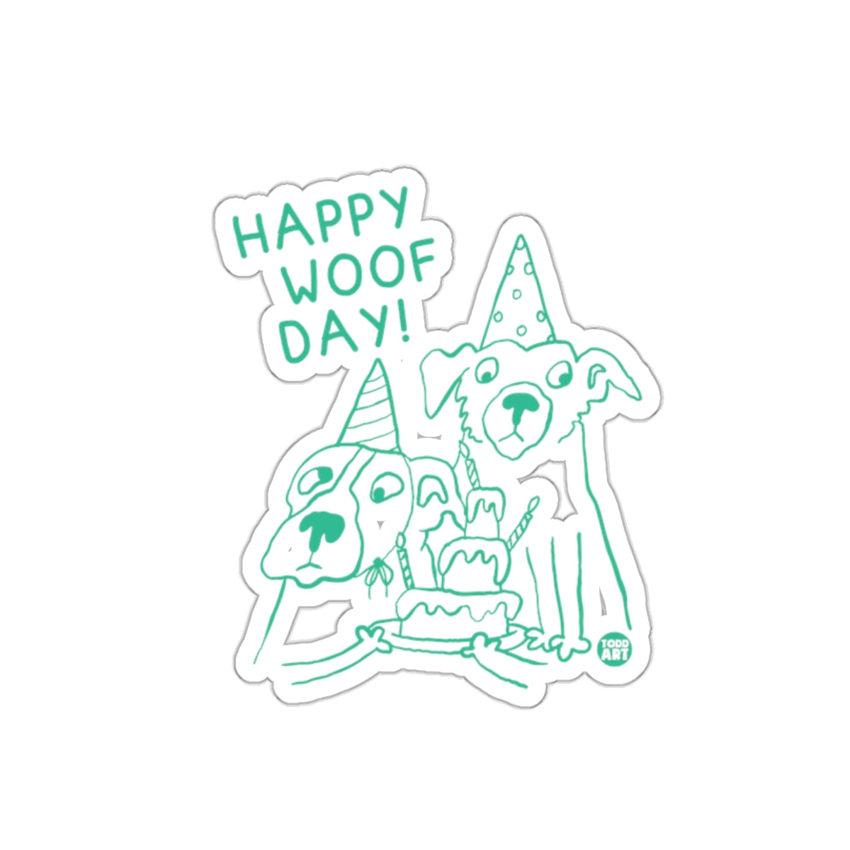 Happy Woof Day Partying Dogs with Cake Sticker Design