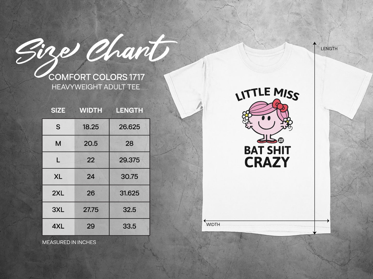 Size chart for Little Miss Bat Shit Crazy heavyweight adult t-shirt.