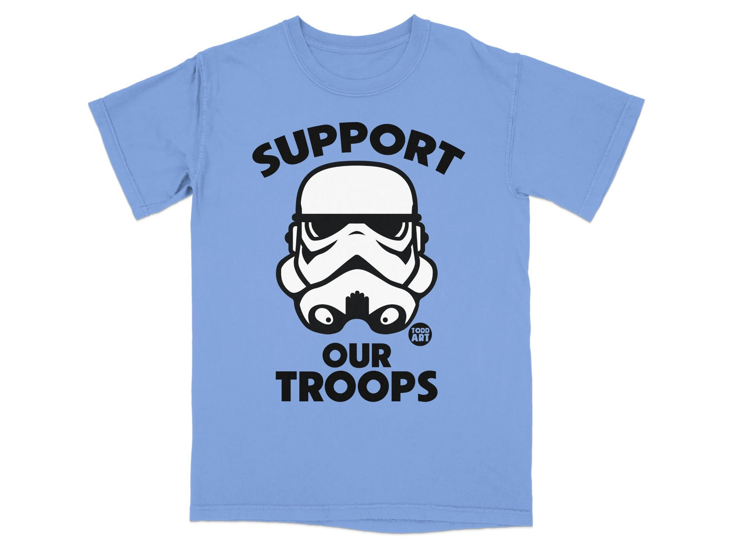 Blue t-shirt with "Support Our Troops" and Stormtrooper helmet graphic.
