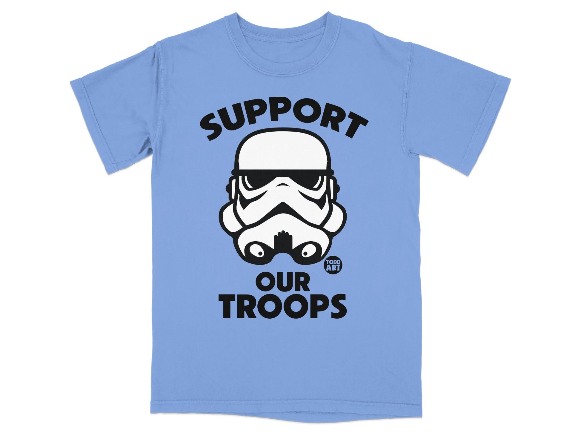 Blue t-shirt with "Support Our Troops" and Stormtrooper helmet graphic.