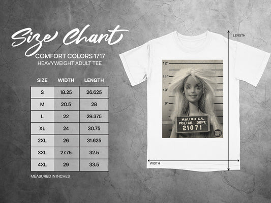 Comfort Colors 1717 size chart with mugshot of Barbie wearing a police lineup card.