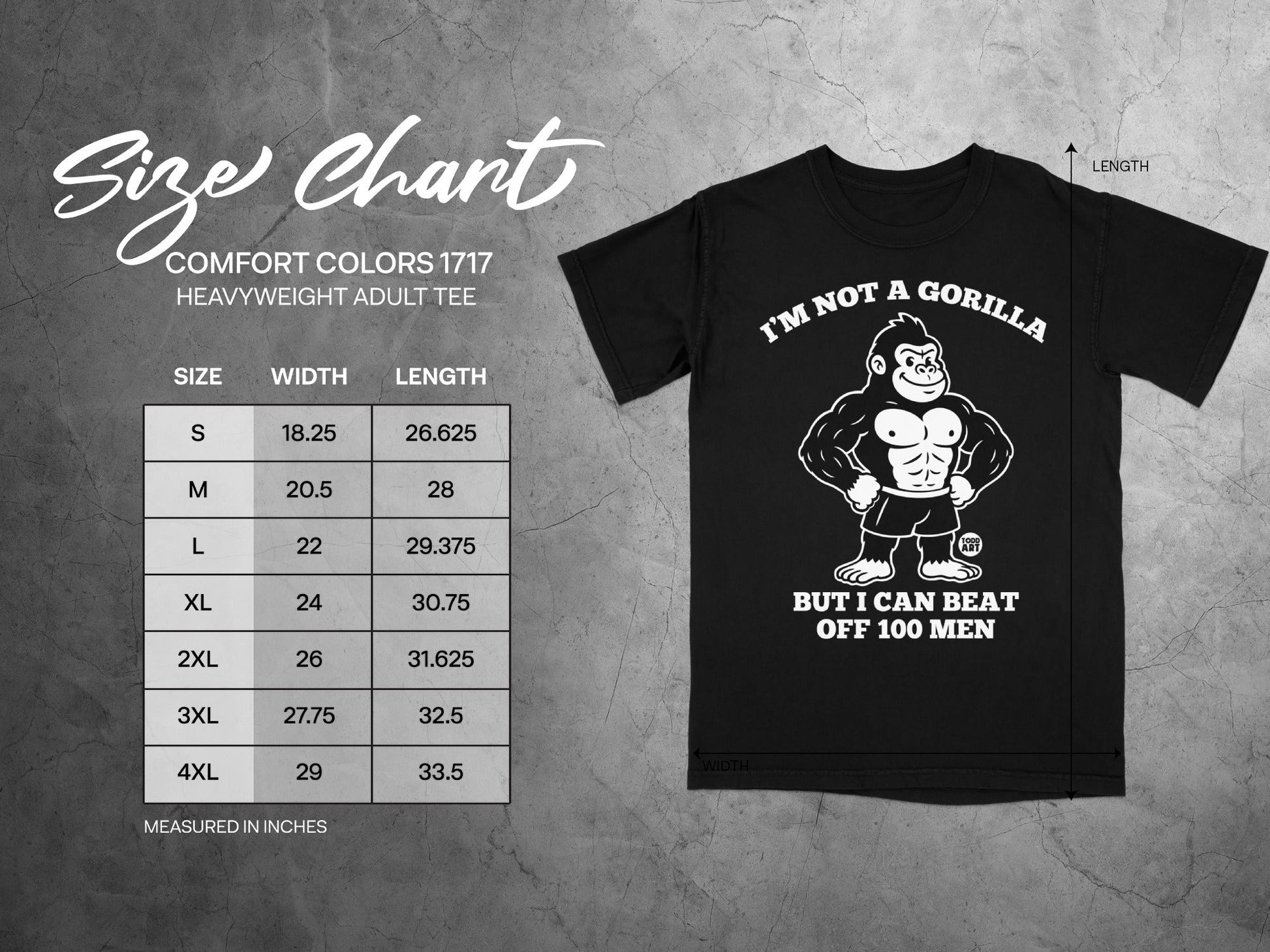 Size chart for heavyweight adult tee with gorilla graphic.