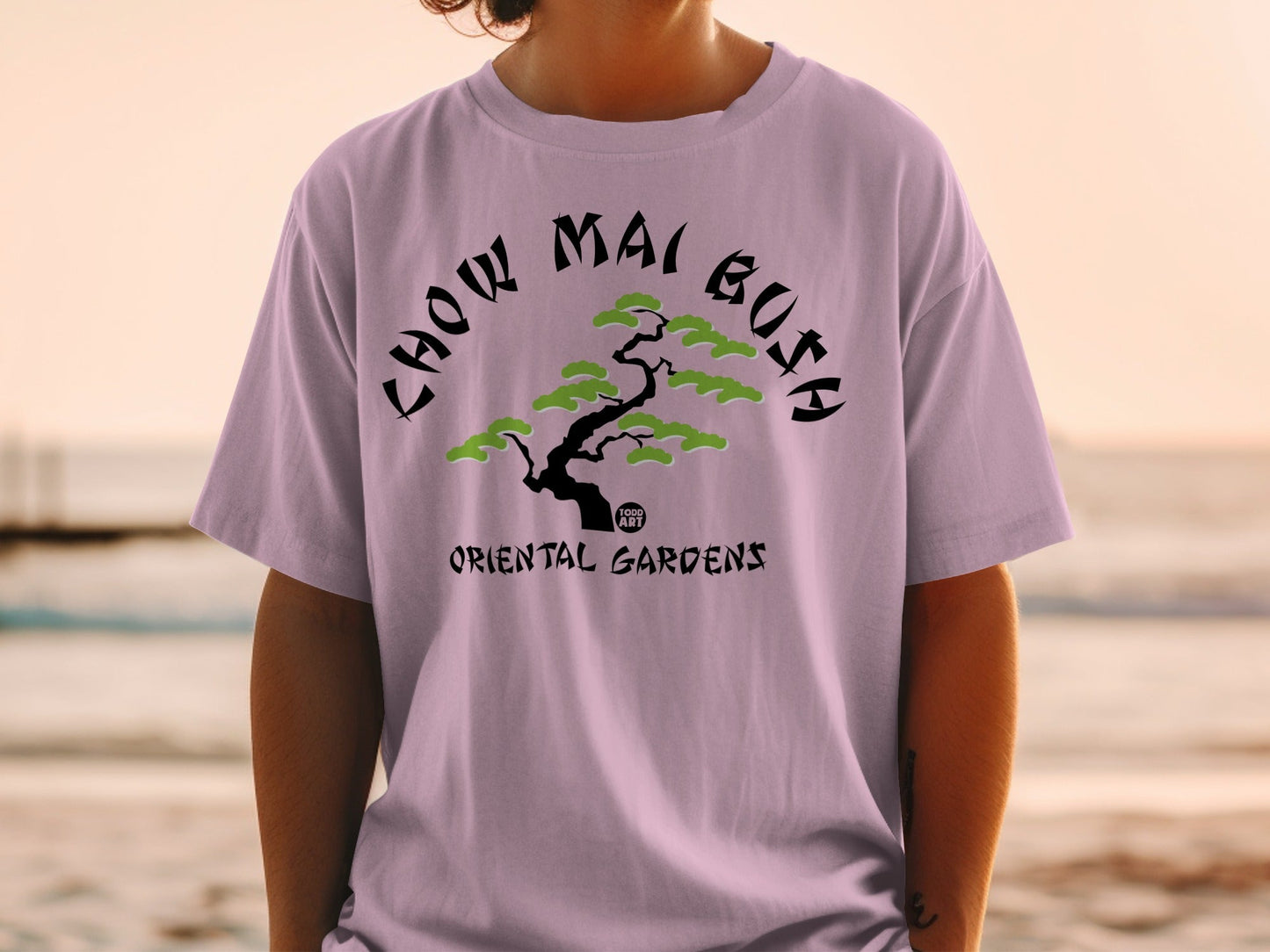 T-shirt with "Chow Mai Bush" and "Oriental Gardens" text, featuring a bonsai tree.