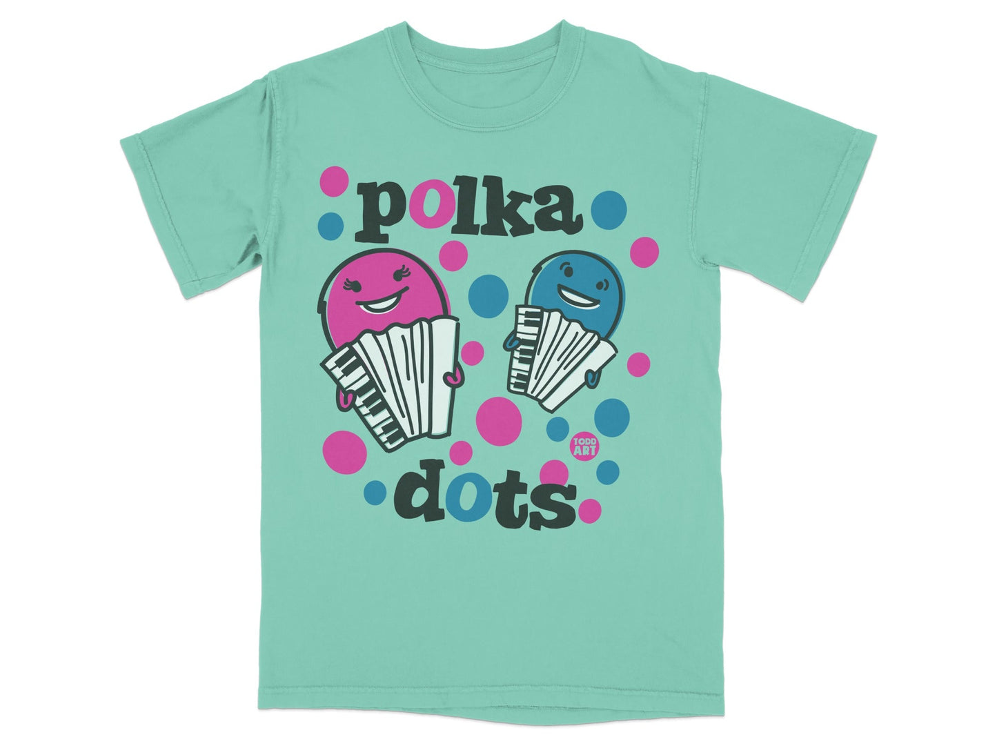 Two smiling accordions with polka dots and text "polka dots".