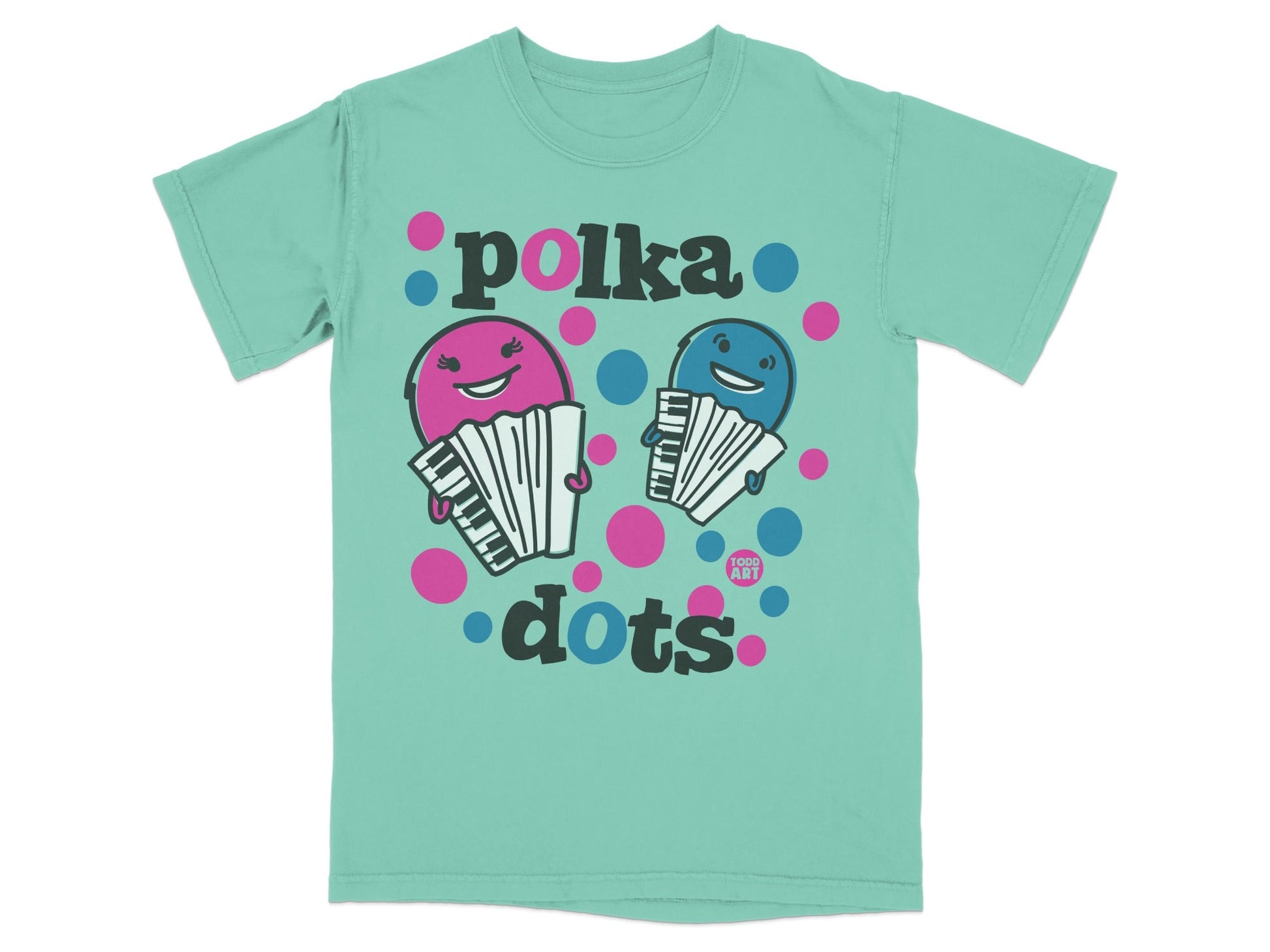 Two smiling accordions with polka dots and text "polka dots".