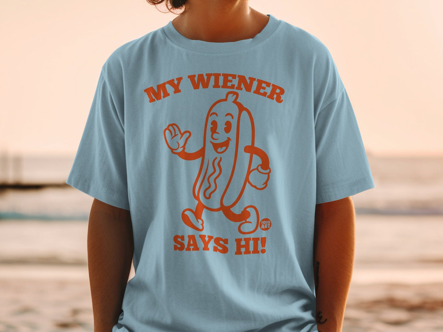 Light blue t-shirt with cartoon hot dog saying "My Wiener Says Hi!".