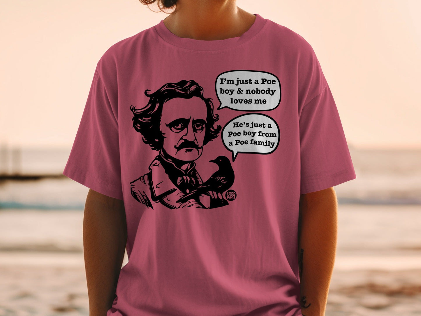 T-shirt graphic with Edgar Allan Poe and a raven, and text in speech bubbles.