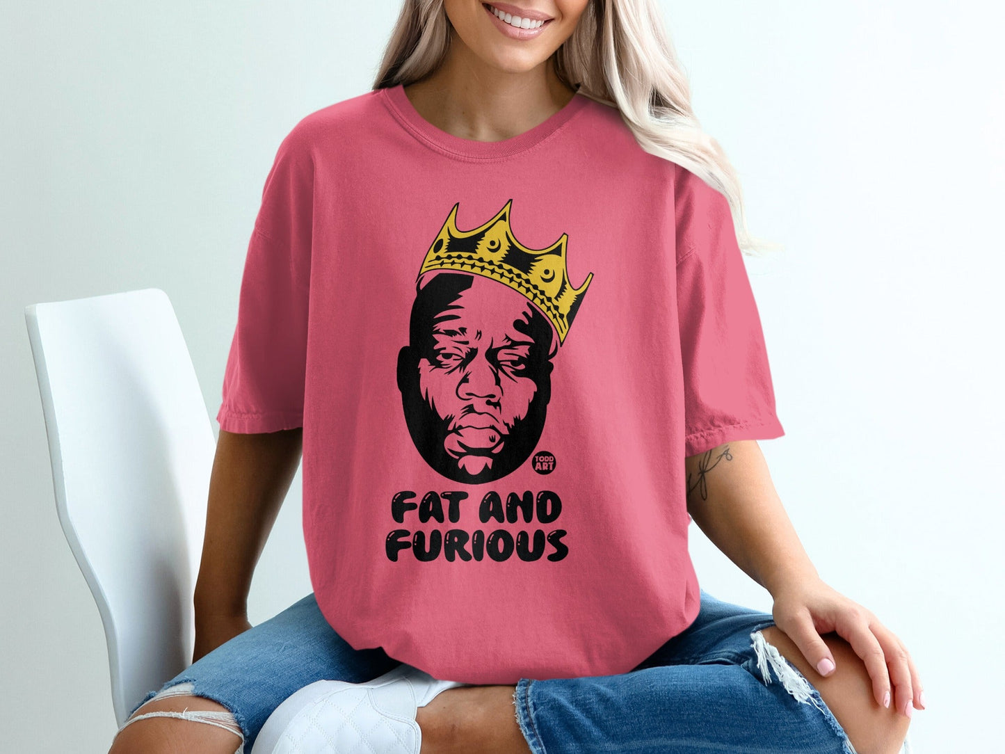 Pink t-shirt with Biggie Smalls graphic and "Fat and Furious" text.