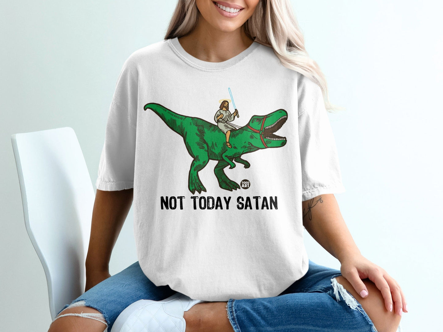 Jesus riding a dinosaur, text reads "NOT TODAY SATAN".
