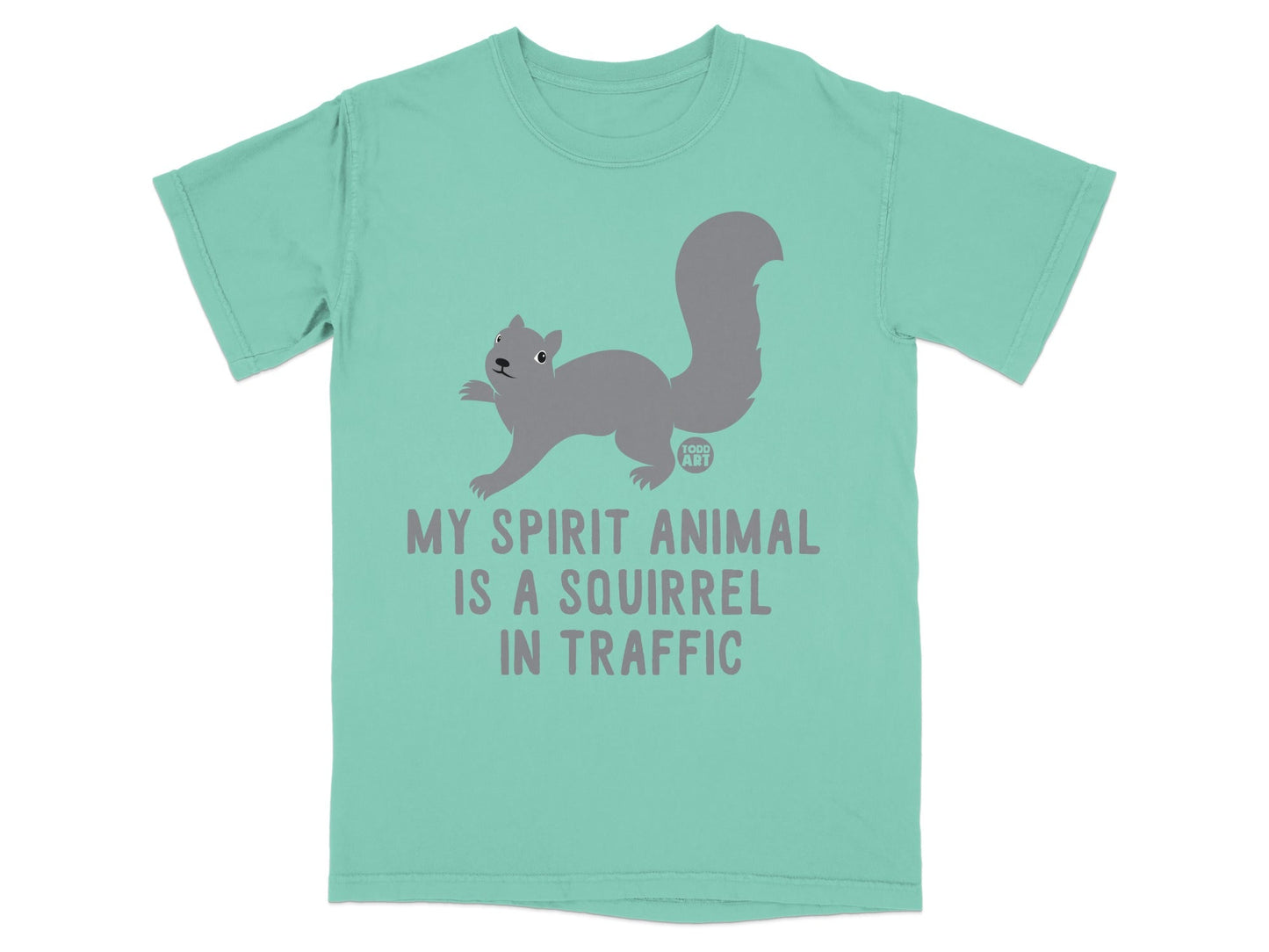 Mint green t-shirt with "My Spirit Animal is a Squirrel in Traffic" text and a squirrel graphic.