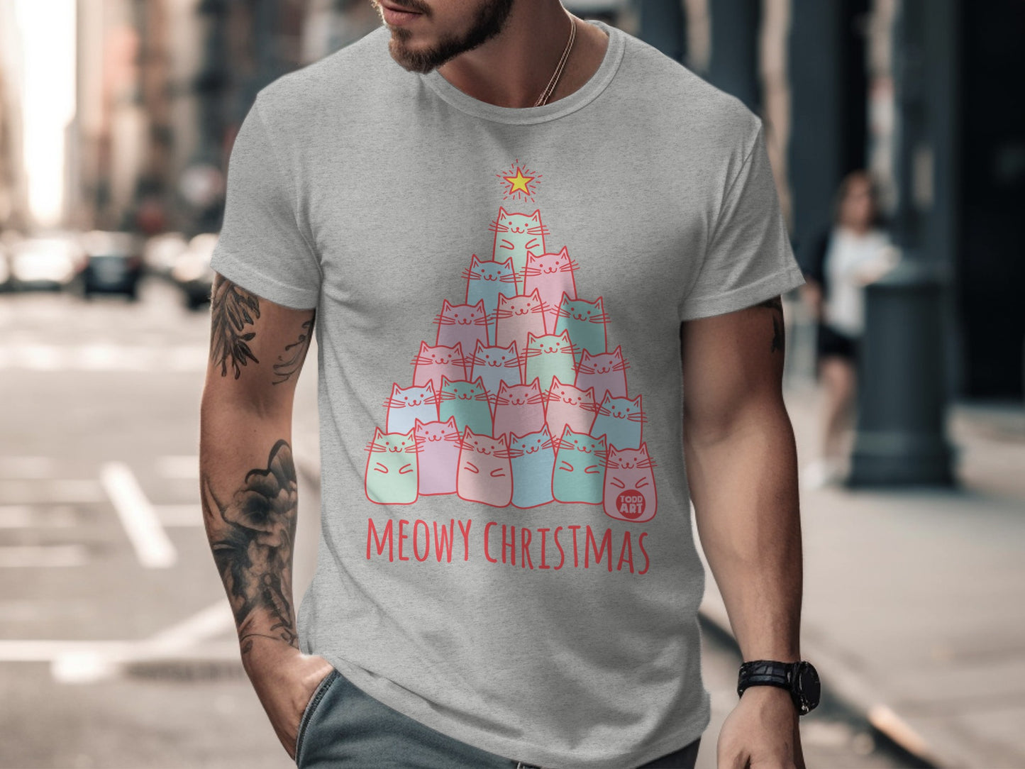 Meowy Christmas Cat Tree Graphic Tee Shirt Product
