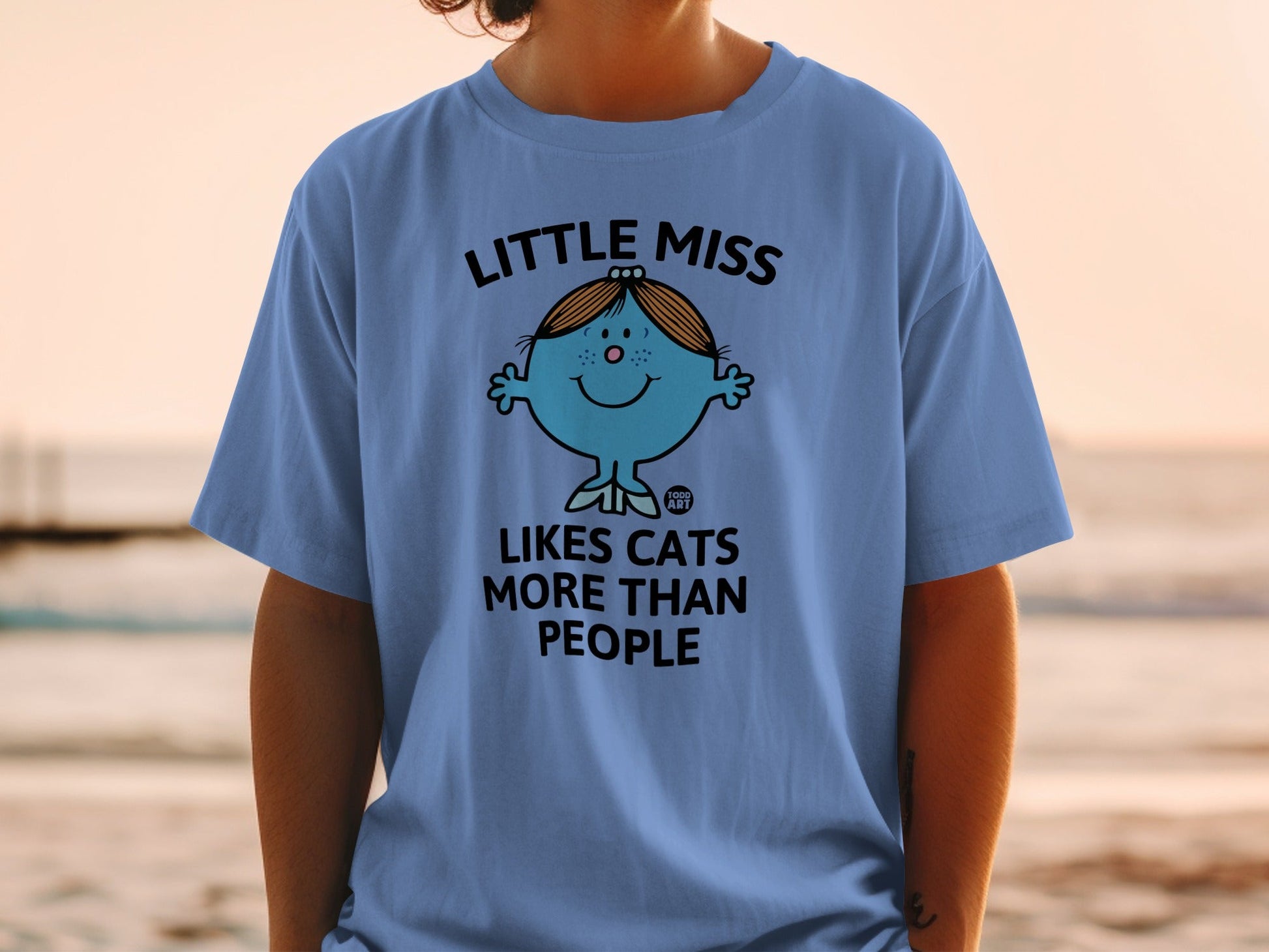 Blue t-shirt with "Little Miss Likes Cats More Than People" and a cartoon cat character.
