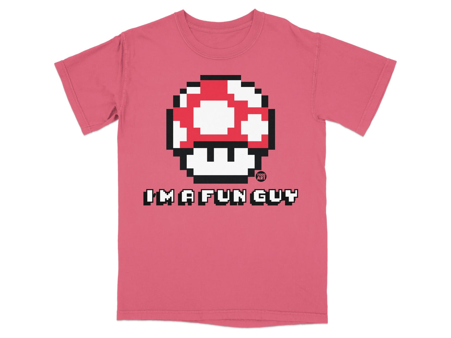 Pixelated mushroom graphic with "IMAFUNG GUY" text on a pink t-shirt.