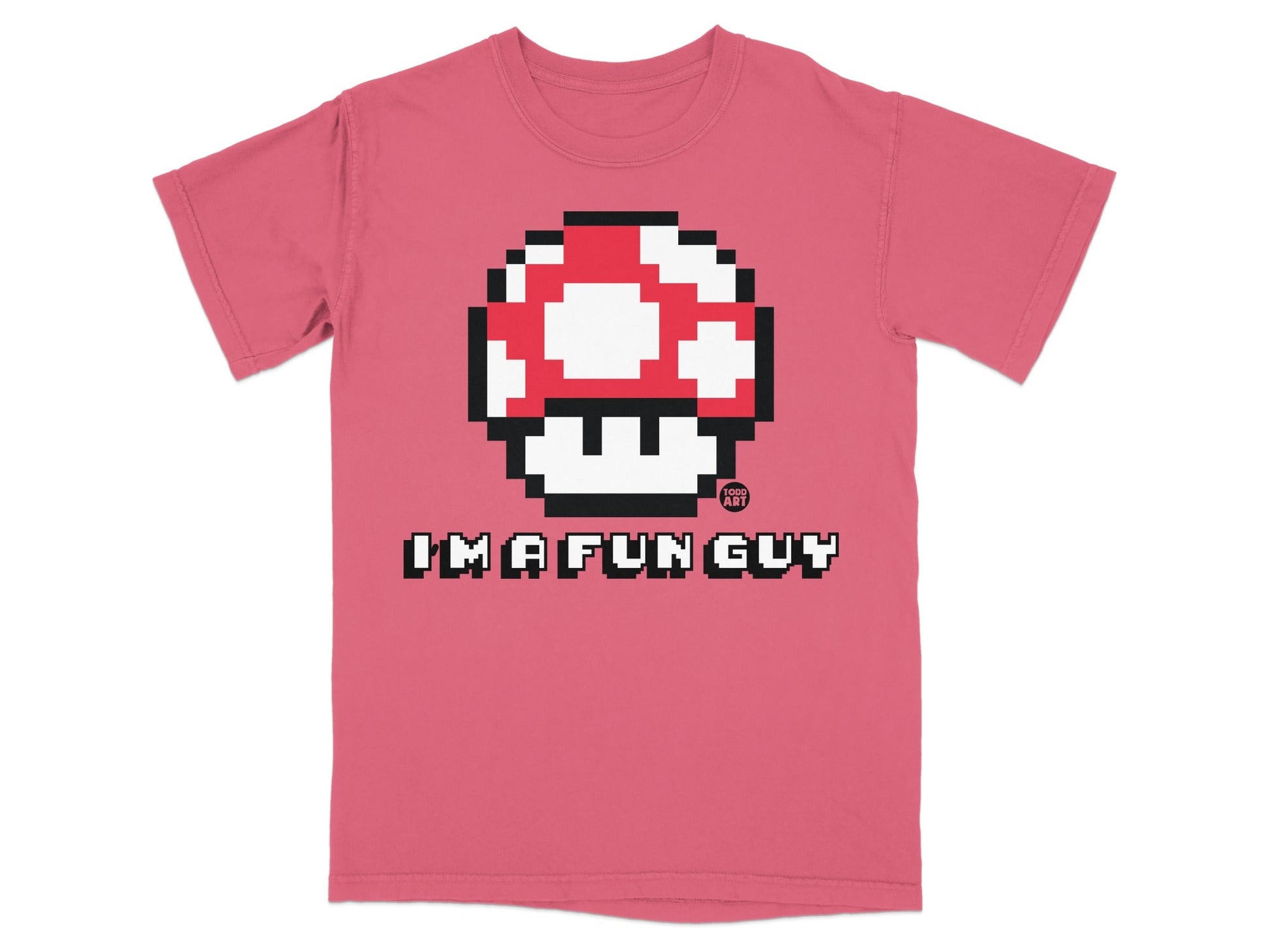 Pixelated mushroom graphic with "IMAFUNG GUY" text on a pink t-shirt.