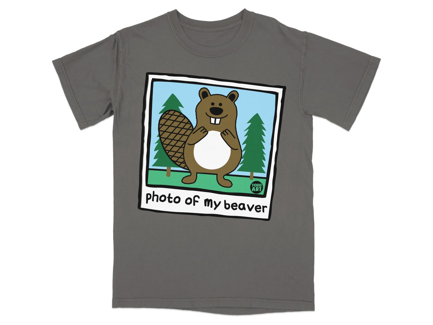 T-shirt with cartoon beaver in a frame and "todd art" logo.