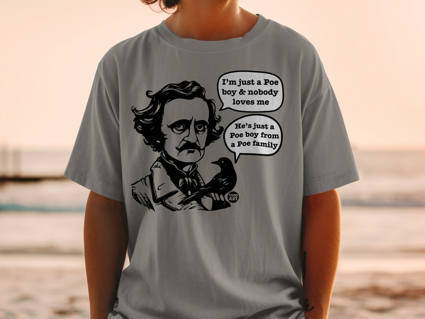 Gray t-shirt with Edgar Allan Poe illustration and text about "Poe boy".