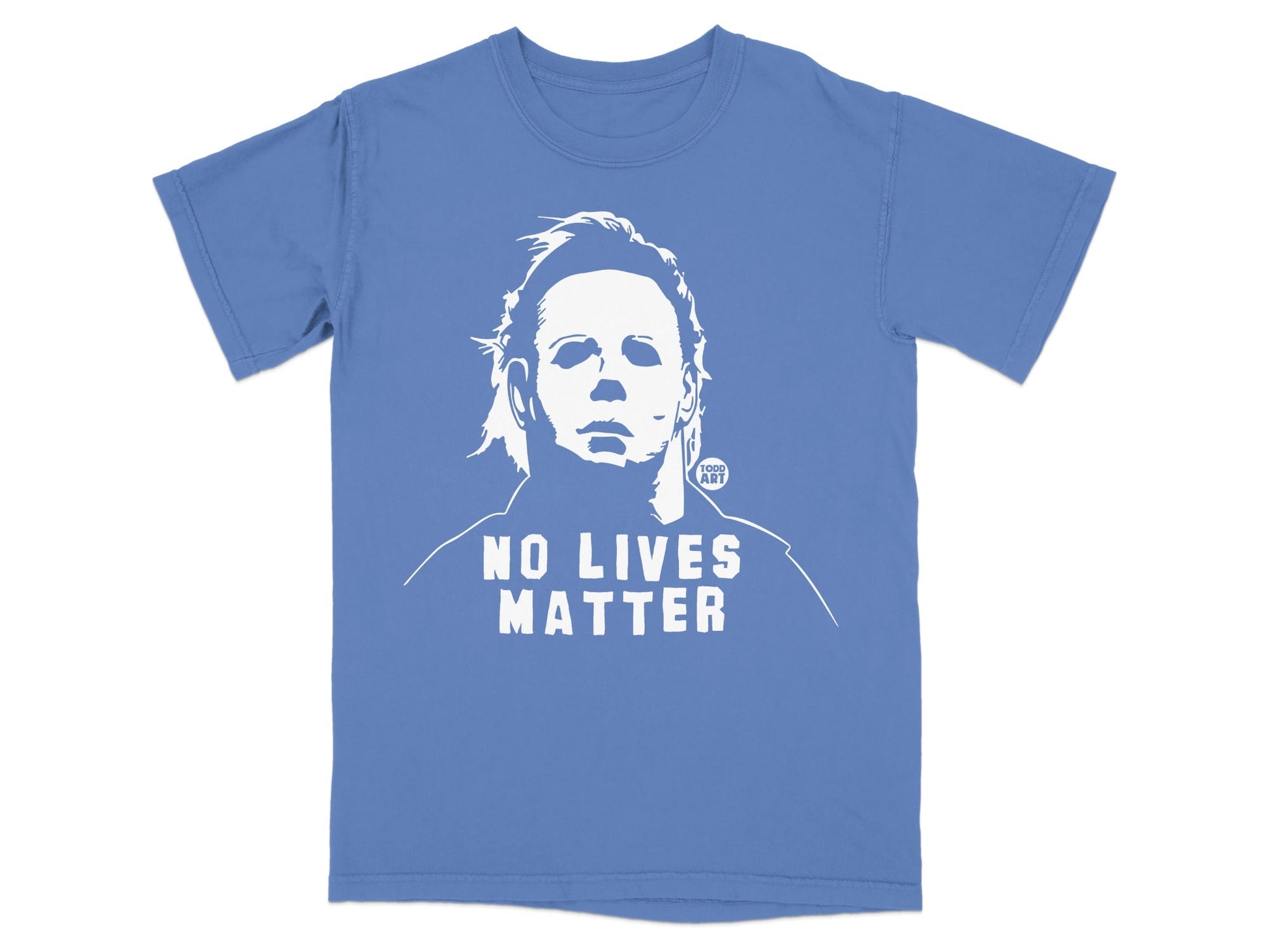 Blue t-shirt with Michael Myers and "NO LIVES MATTER" text.