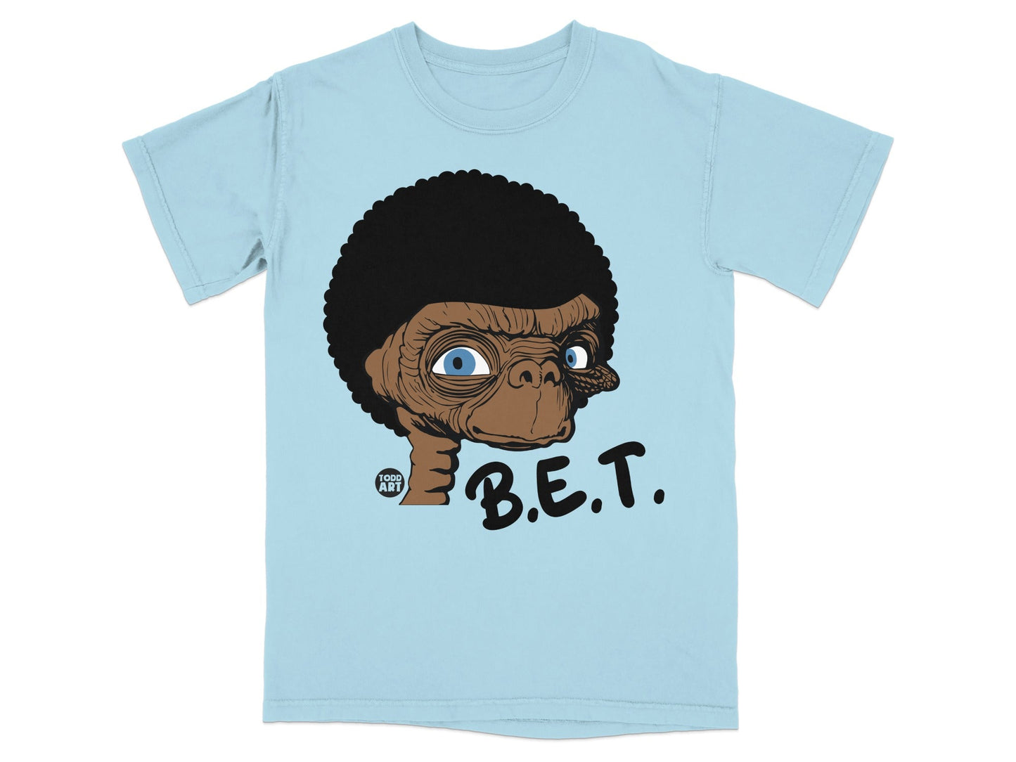 Light blue t-shirt with E.T. character and "B.E.T." text.