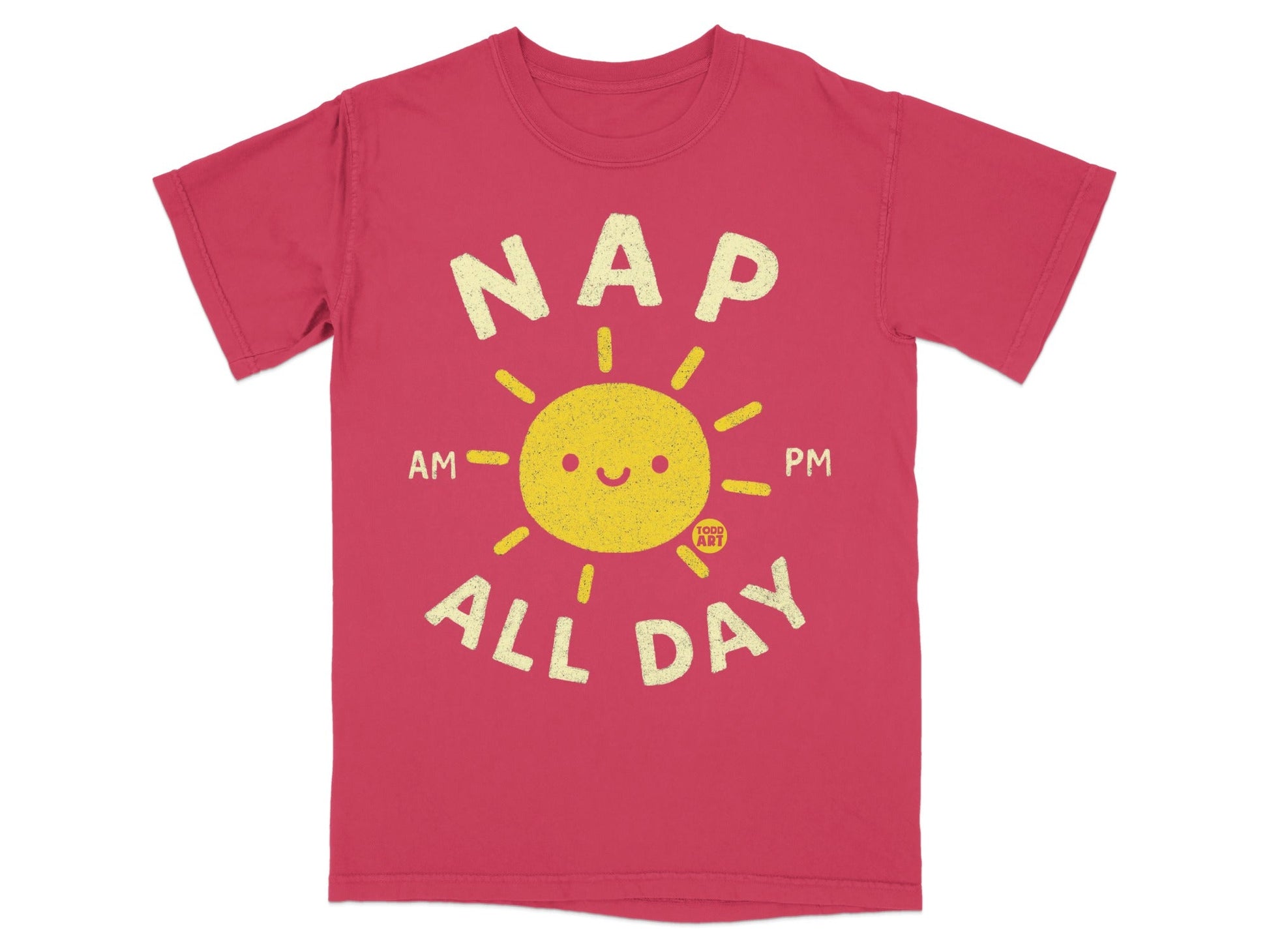 Red t-shirt with yellow sun graphic and text "NAP ALL DAY".
