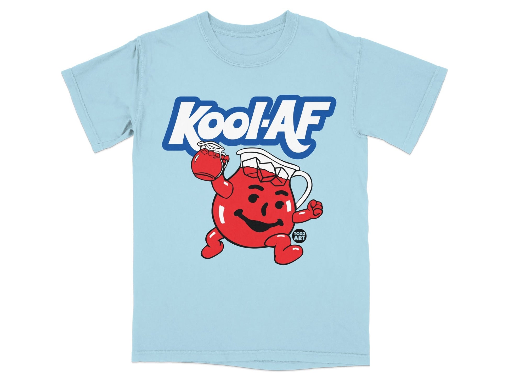 Kool-Aid Man character on a light blue t-shirt.