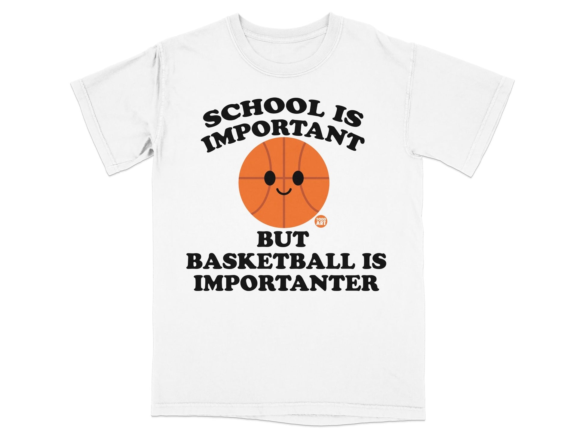 White t-shirt with a basketball character and the text "SCHOOL IS IMPORTANT BUT BASKETBALL IS IMPORTANTER".