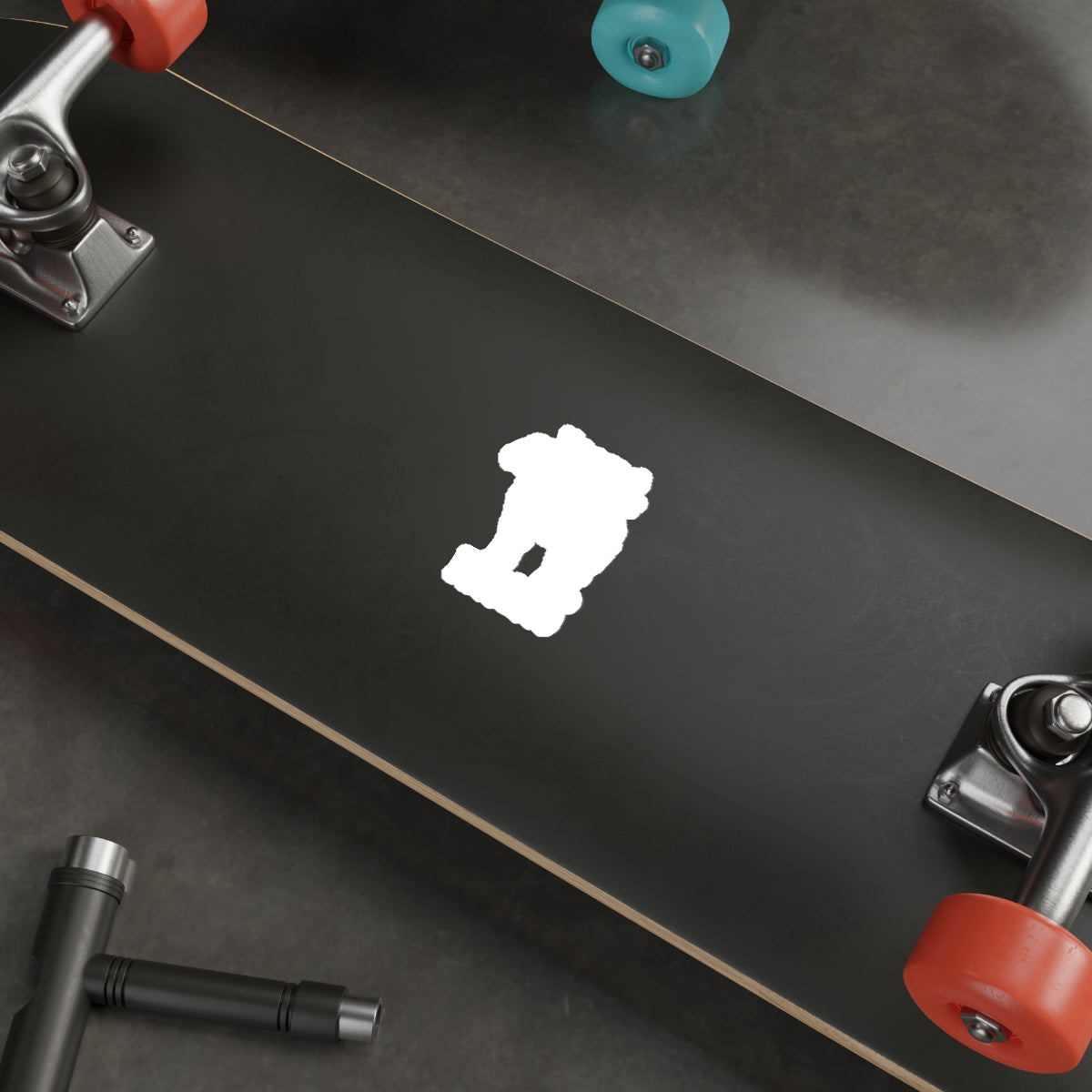 Modern black skateboard with artistic white design