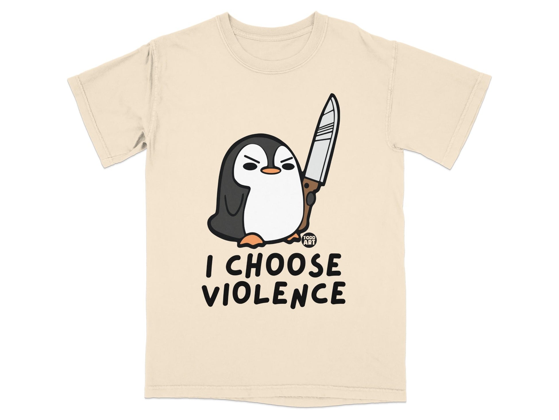 Penguin holding a knife with text "I CHOOSE VIOLENCE".